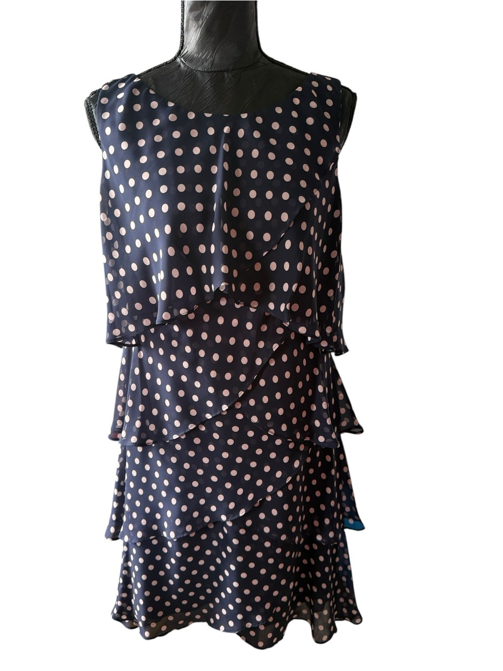 S.L. Fashions Size 12 Navy Polka Dot Tiered Ruffle Dress